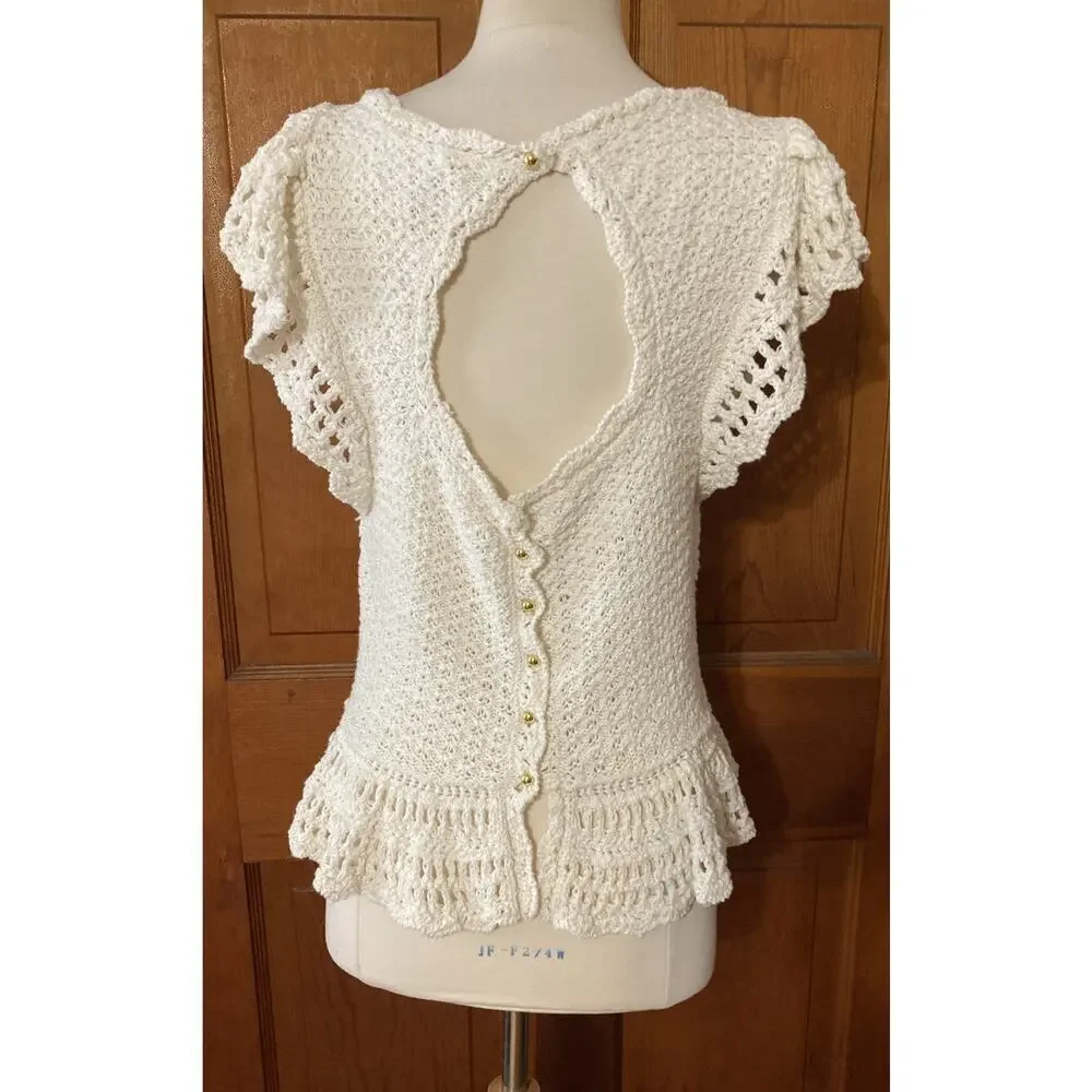 By Anthropologie Crochet Ruffle Top Shirt Sz XLP New Cream Boho Cottage $118‎